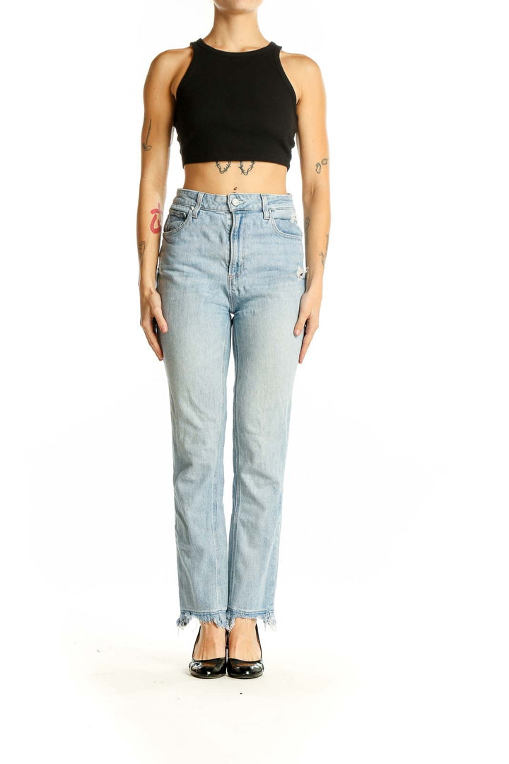 Front view of Paige light blue high-waisted straight jeans with distressed details