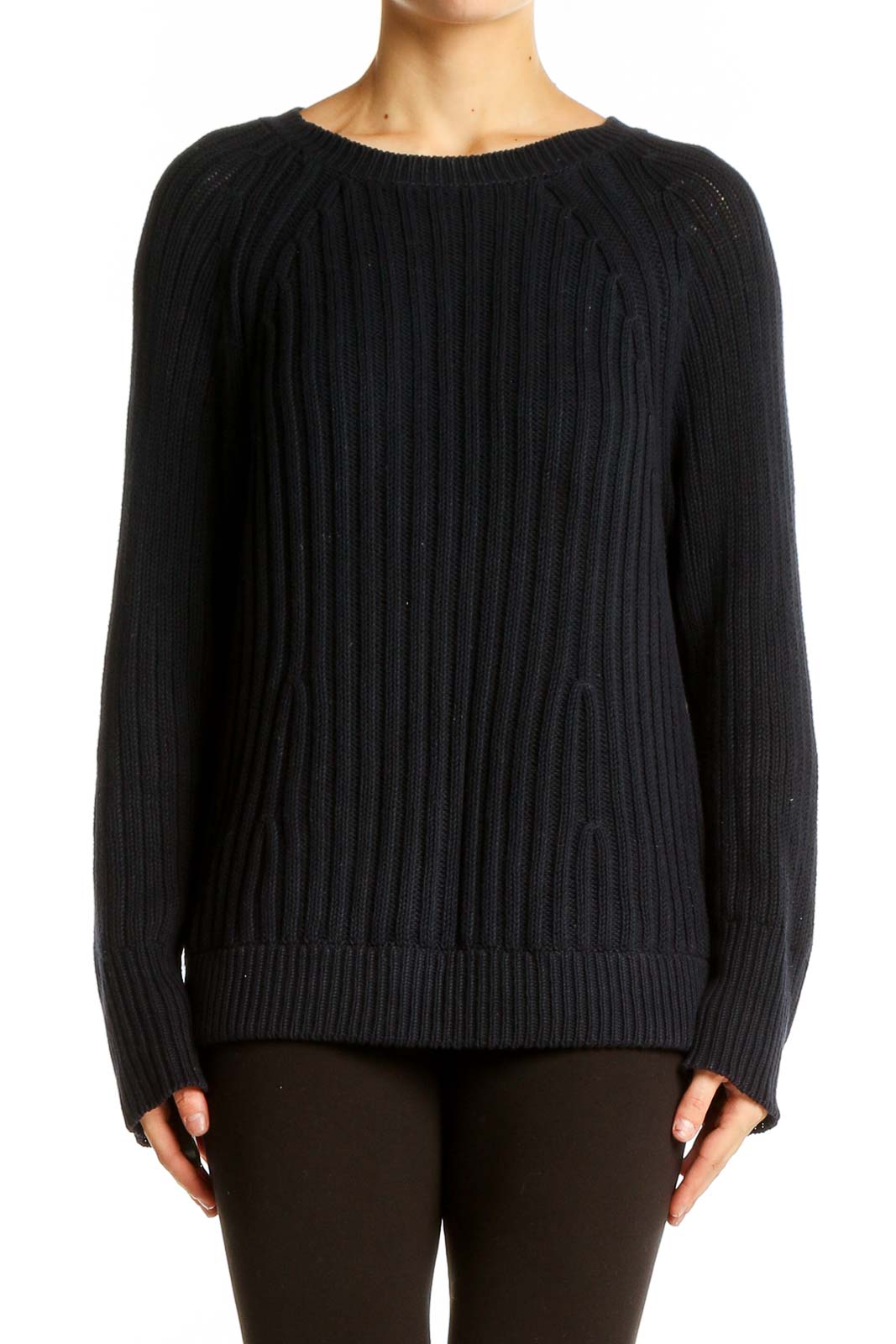 Front view of J.Crew black ribbed cotton crewneck sweater on model