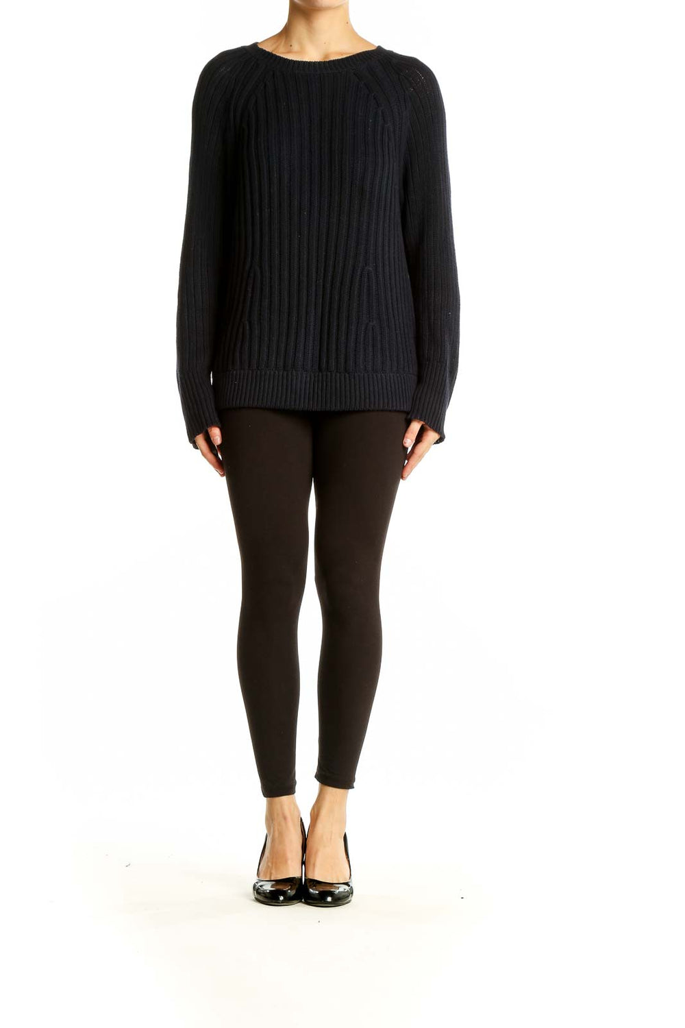 Front view of J.Crew black ribbed cotton crewneck sweater on model