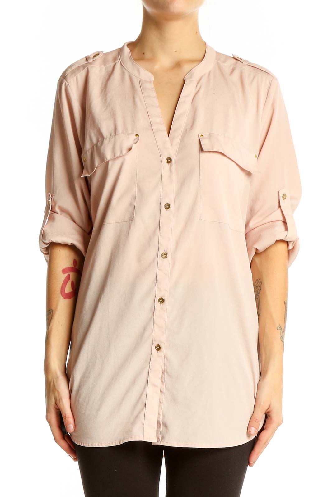 Front view of Calvin Klein blush polyester button-down shirt with mandarin collar