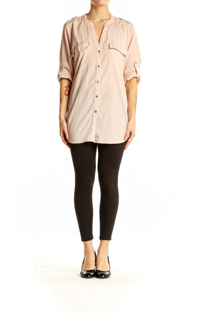 Front view of Calvin Klein blush polyester button-down shirt with mandarin collar