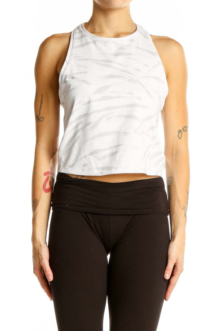 Front view of Athleta white camo print cropped tank top