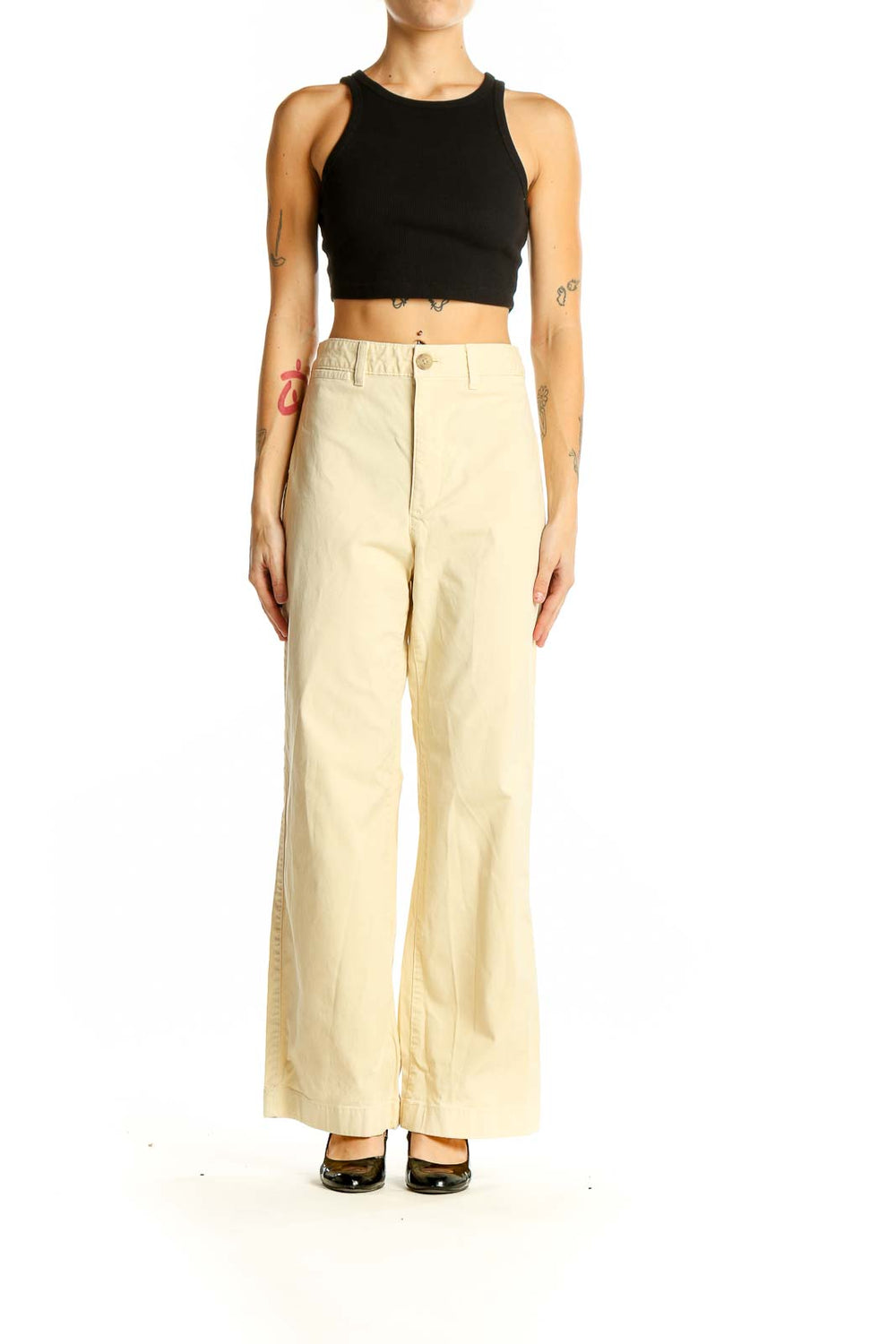 Front view of cream Gap wide-leg pants on model