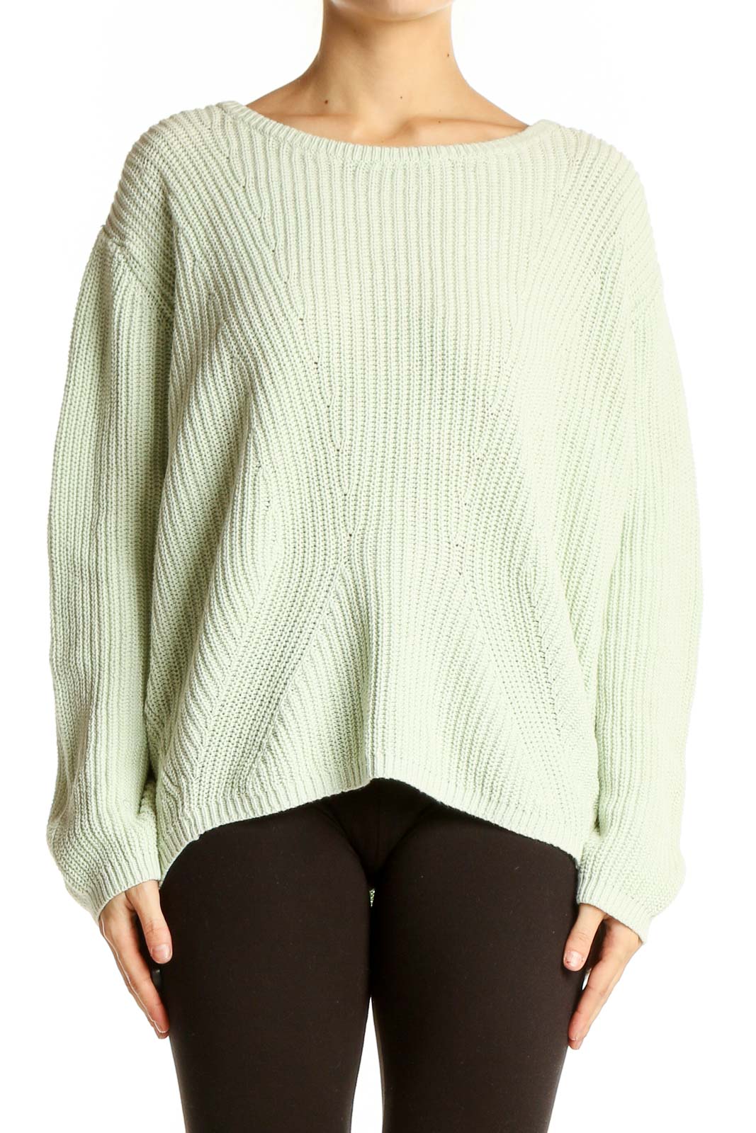 Front view of mint green ribbed cotton sweater from Banana Republic