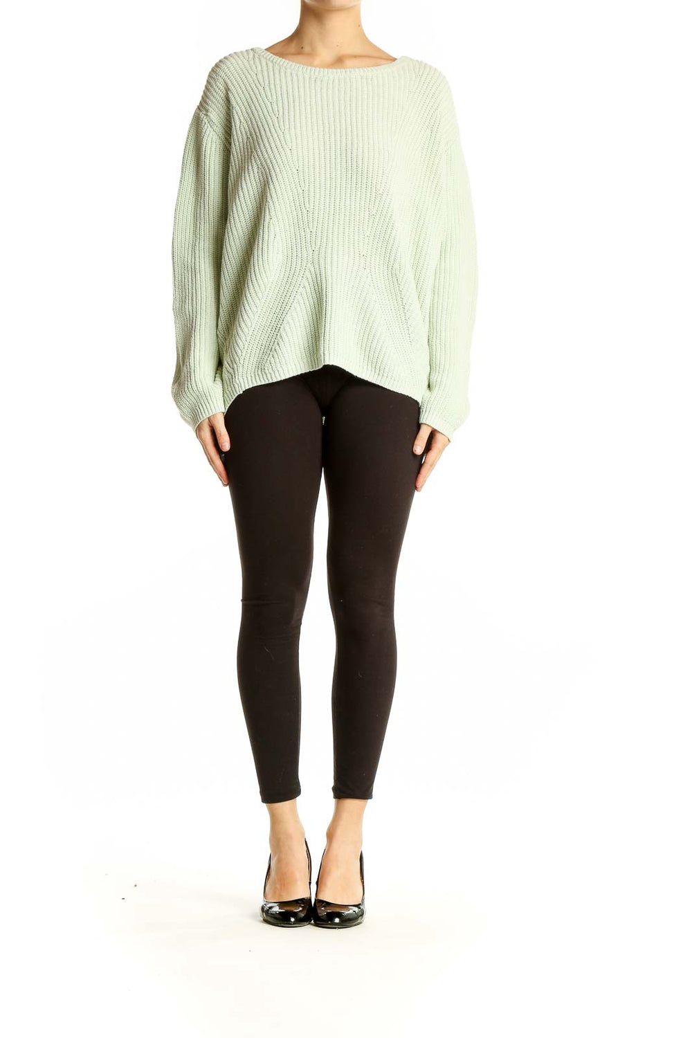 Front view of mint green ribbed cotton sweater from Banana Republic