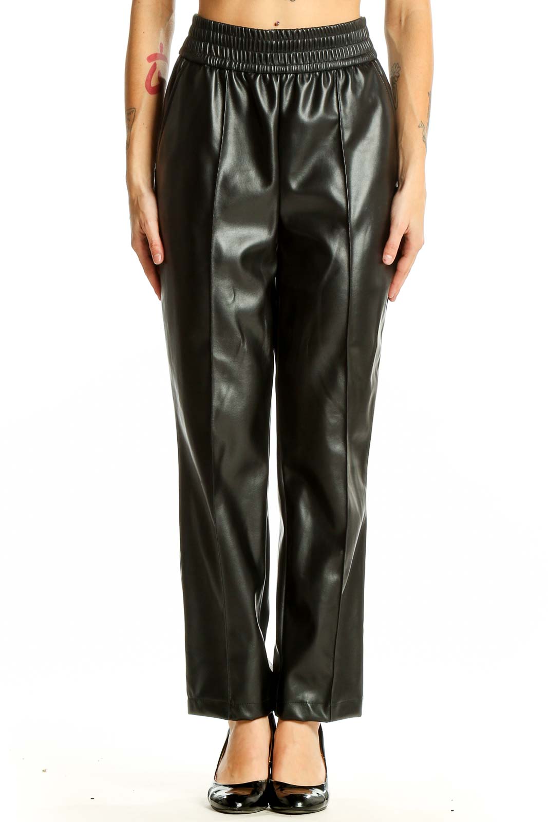 Front view of Maison D' Amelie Paris black faux leather wide-leg trousers