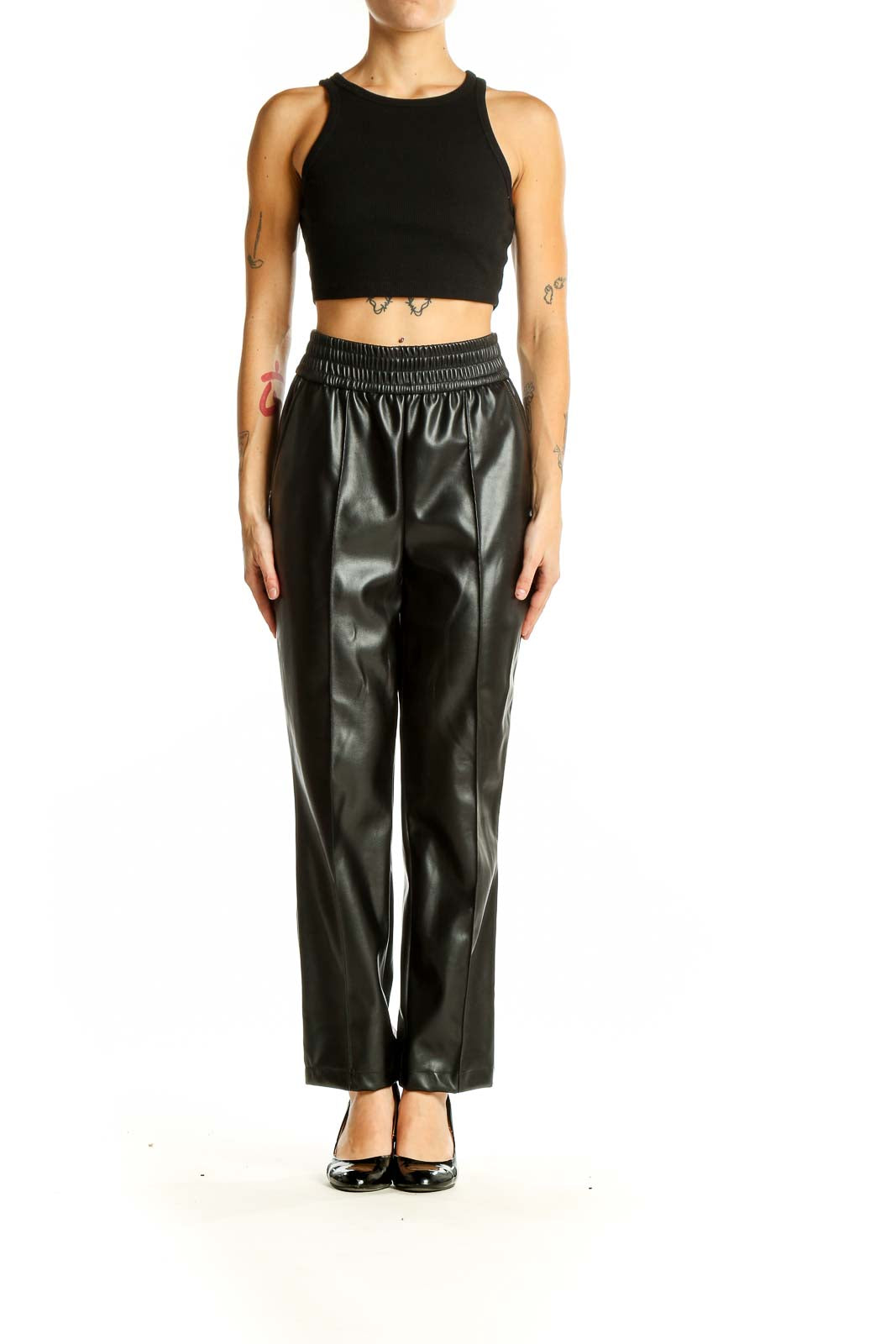 Front view of Maison D' Amelie Paris black faux leather wide-leg trousers