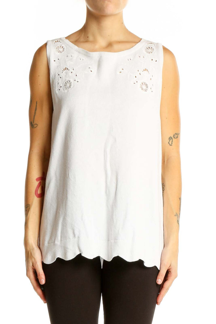 Front view of LOFT white cotton sleeveless top with eyelet detailing