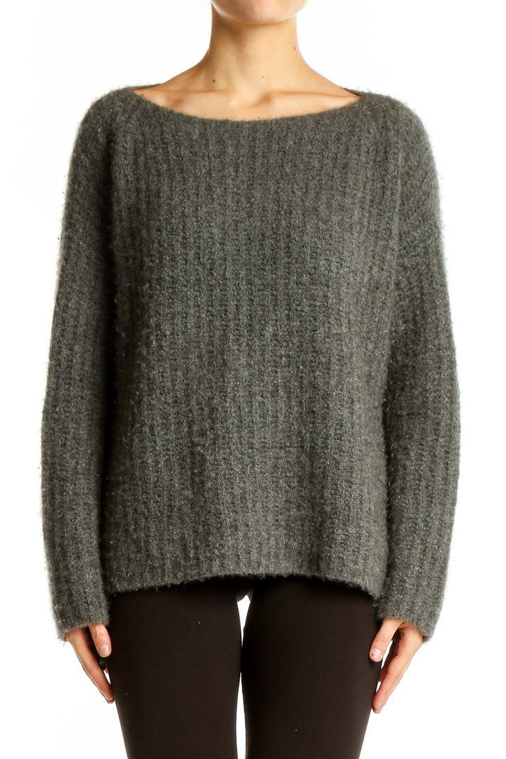 Front view of Vince gray ribbed cashmere blend sweater with boat neckline