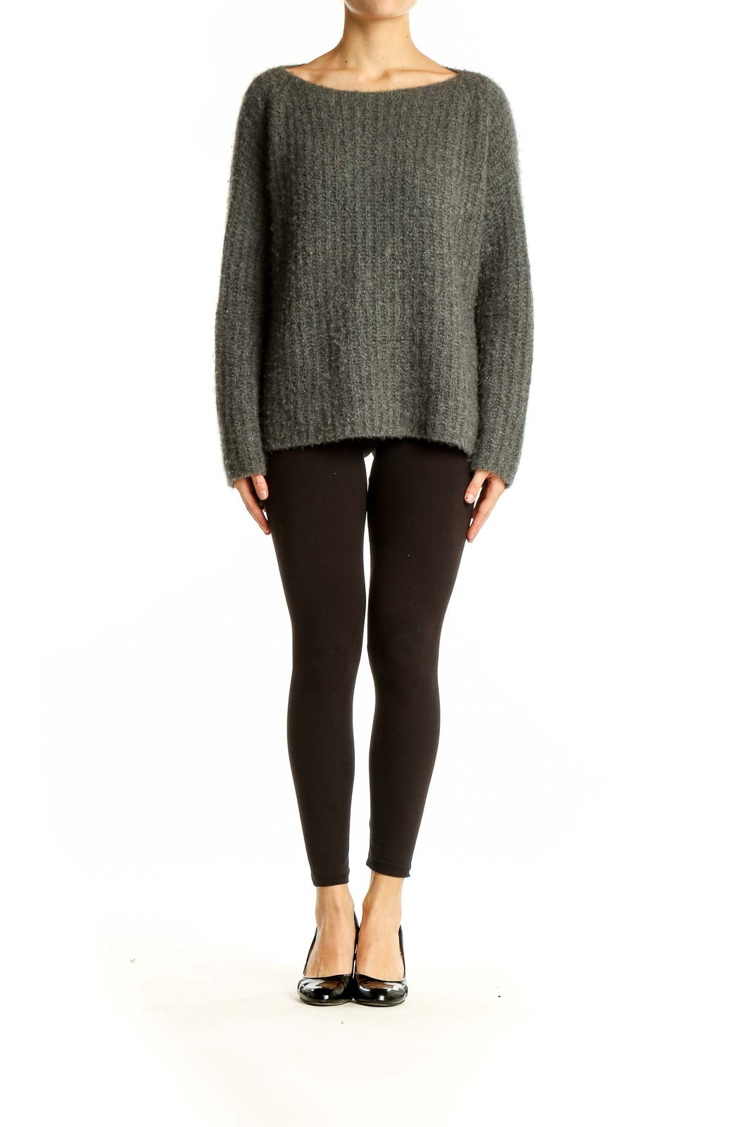 Front view of Vince gray ribbed cashmere blend sweater with boat neckline