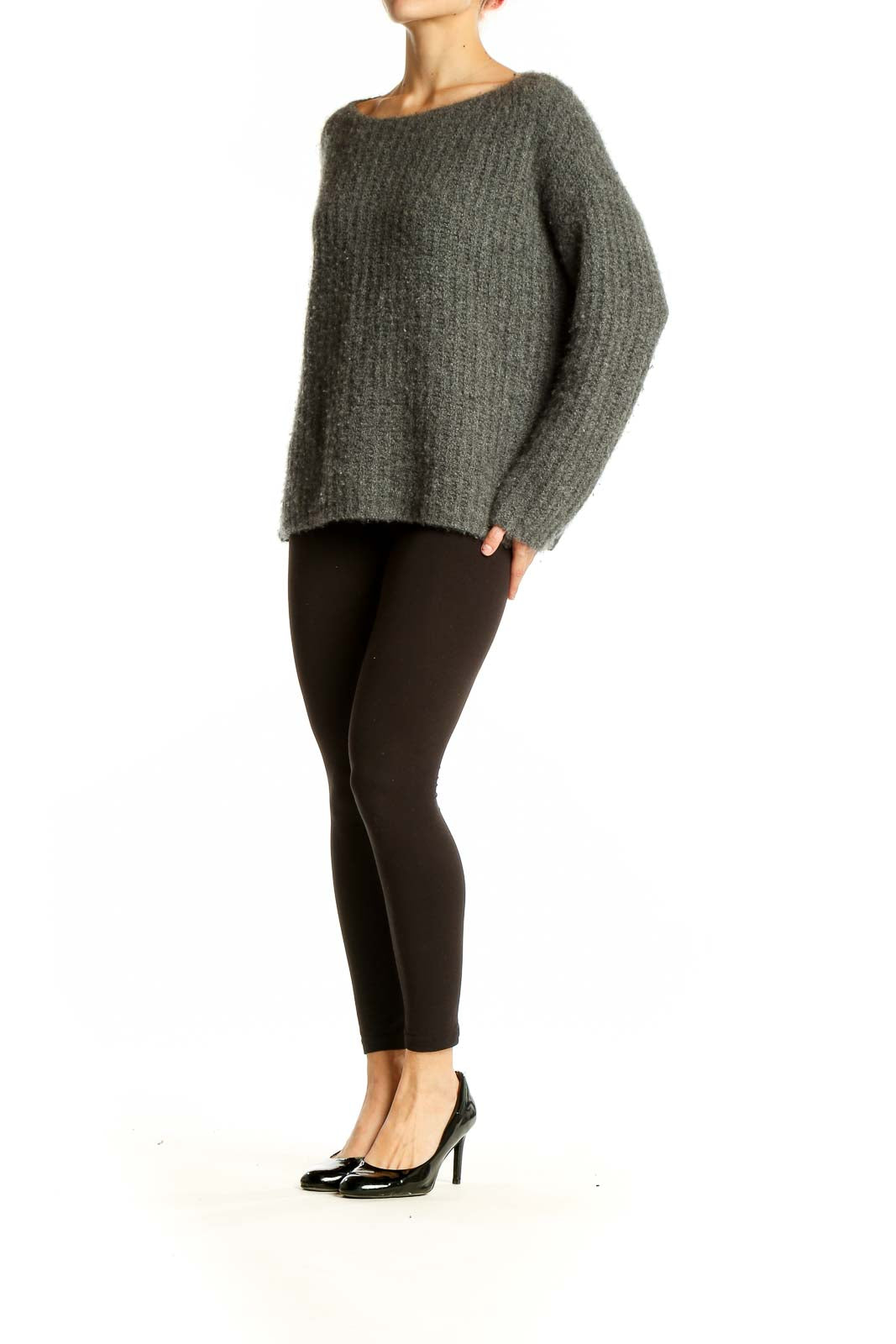 Front view of Vince gray ribbed cashmere blend sweater with boat neckline