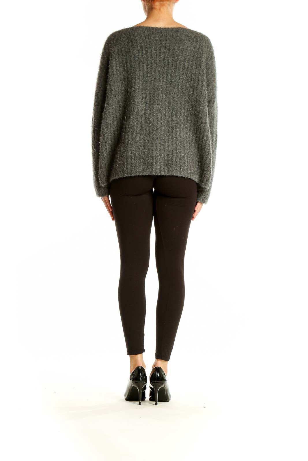 Side view of Vince gray ribbed cashmere blend sweater showing relaxed fit