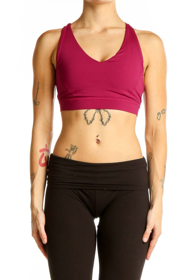 Front view of burgundy Lululemon racerback sports bra with V-neck design