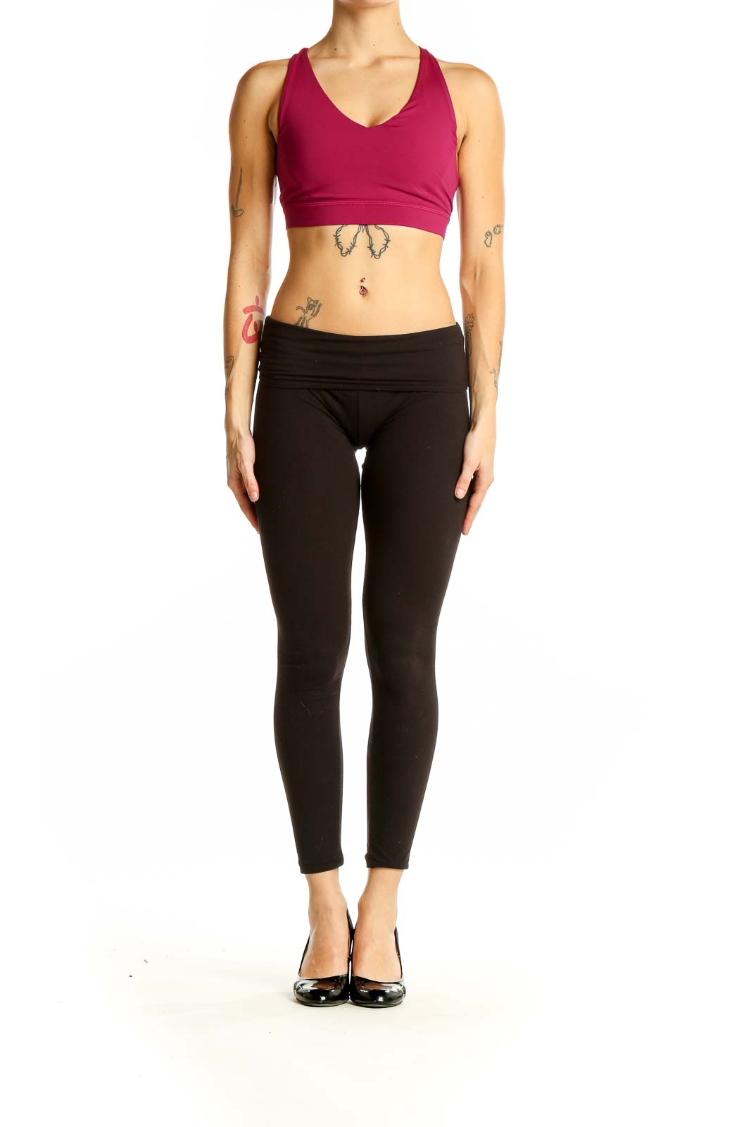 Front view of burgundy Lululemon racerback sports bra with V-neck design