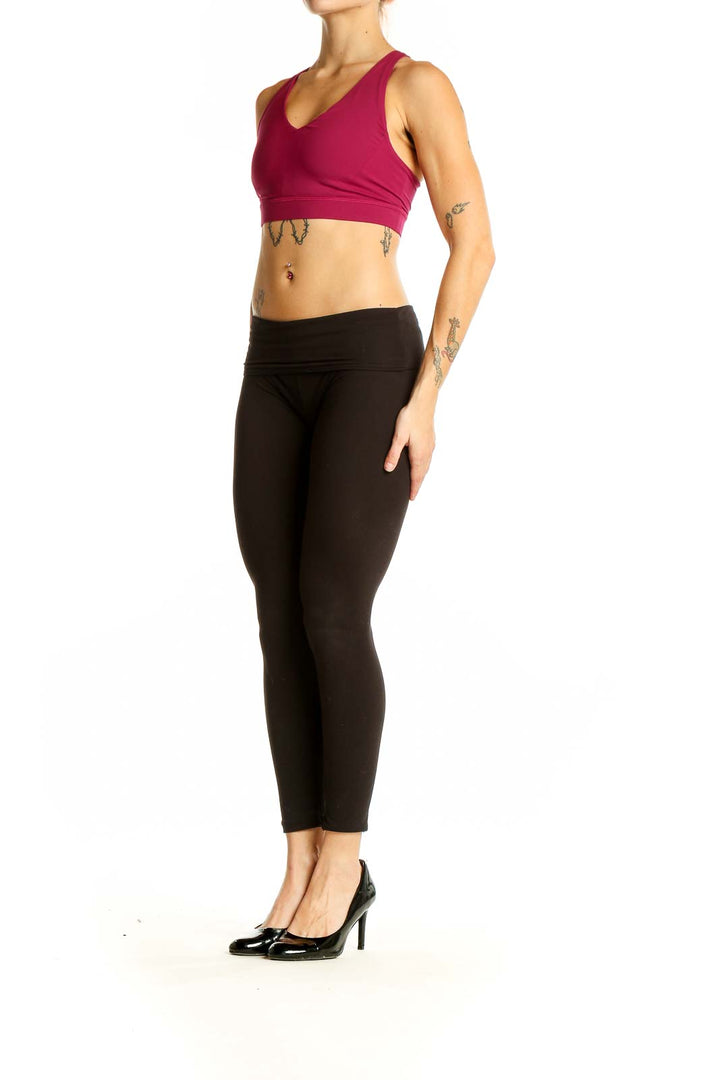 Front view of burgundy Lululemon racerback sports bra with V-neck design