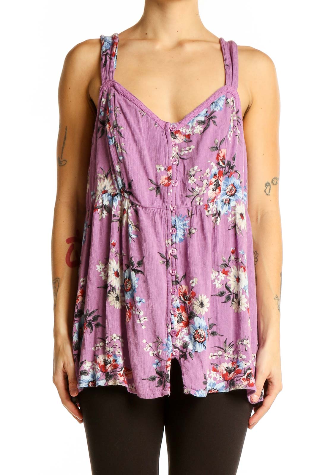 Front view of purple floral button-front tank top from Torrid