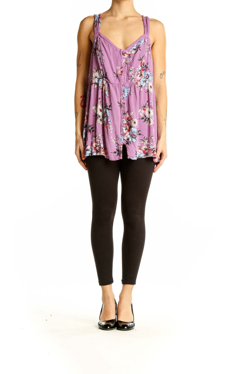 Front view of purple floral button-front tank top from Torrid