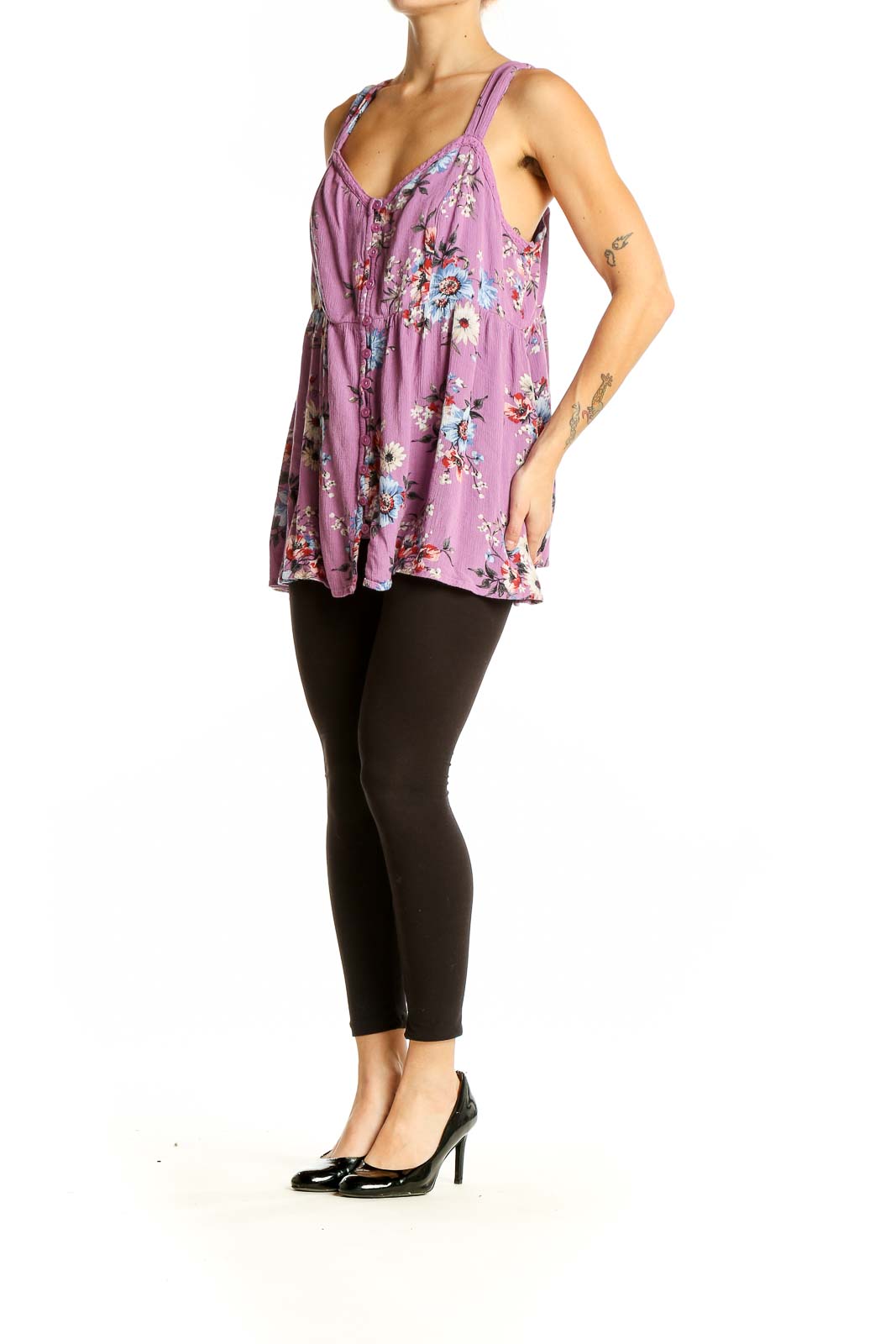 Front view of purple floral button-front tank top from Torrid