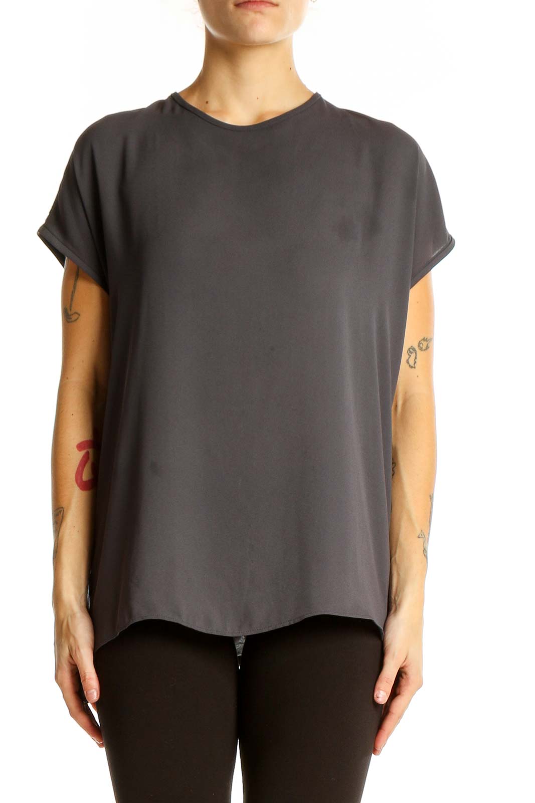 Front view of gray LOFT flowy short-sleeve blouse on model