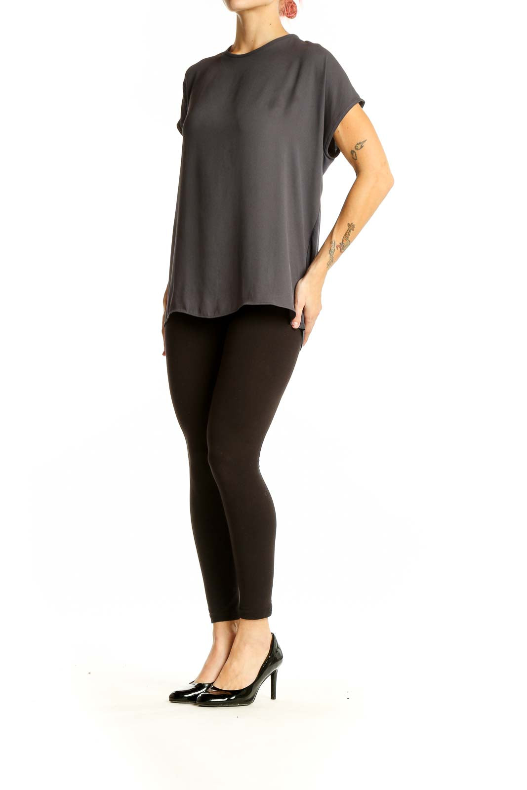 Front view of gray LOFT flowy short-sleeve blouse on model