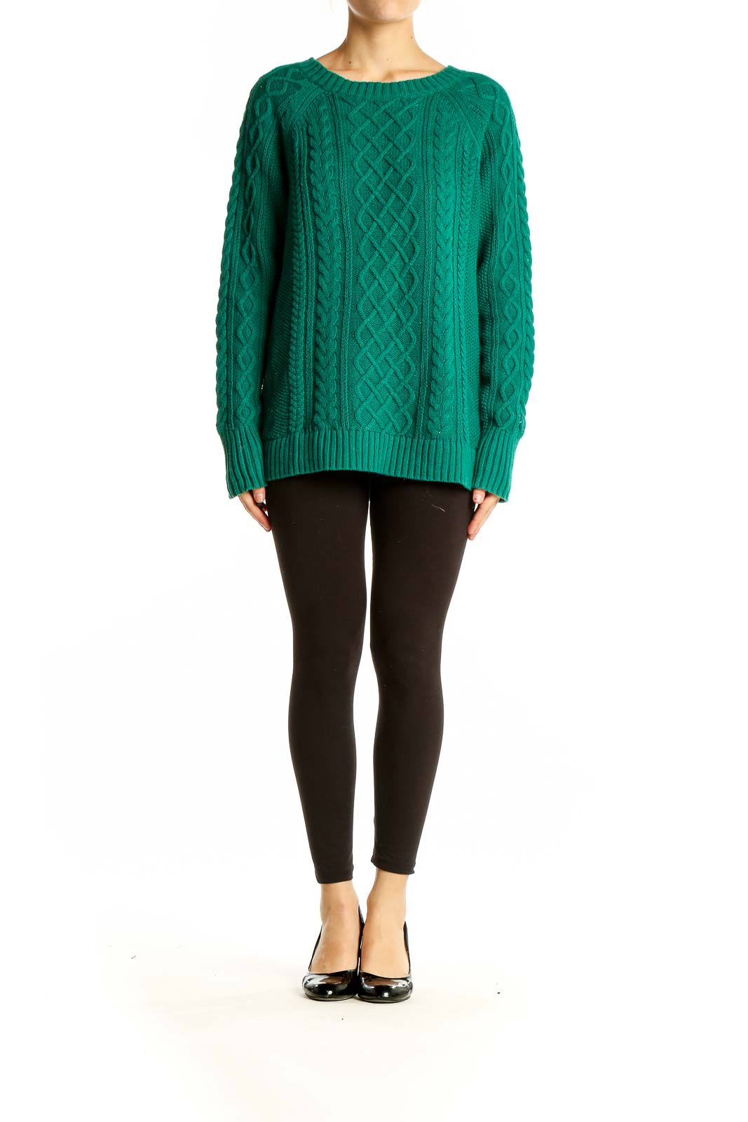 Front view of green Gap cable knit cotton sweater with intricate patterns