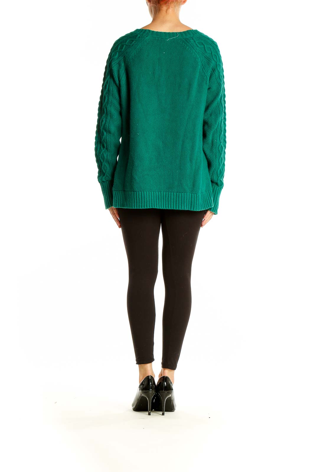 Back view of green Gap cable knit cotton sweater showing relaxed fit