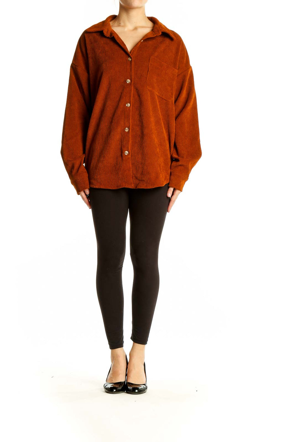 Front view of rust-colored corduroy oversized button-down shirt by SilkRoll