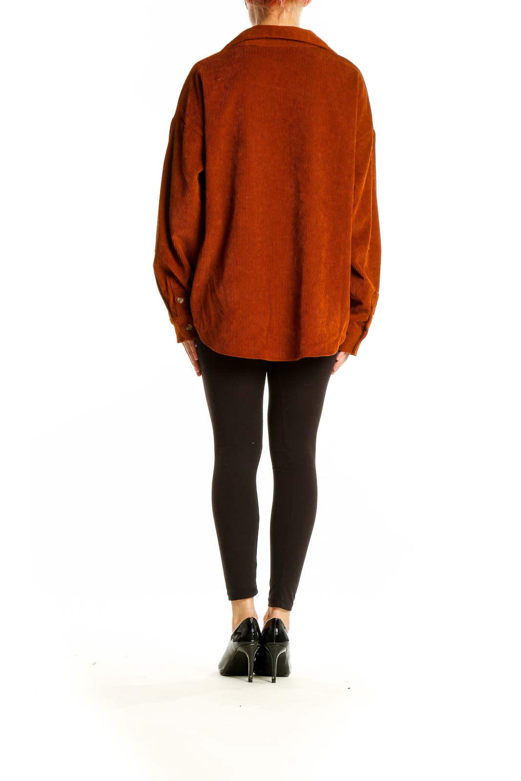 Back view of rust-colored corduroy oversized button-down shirt by SilkRoll