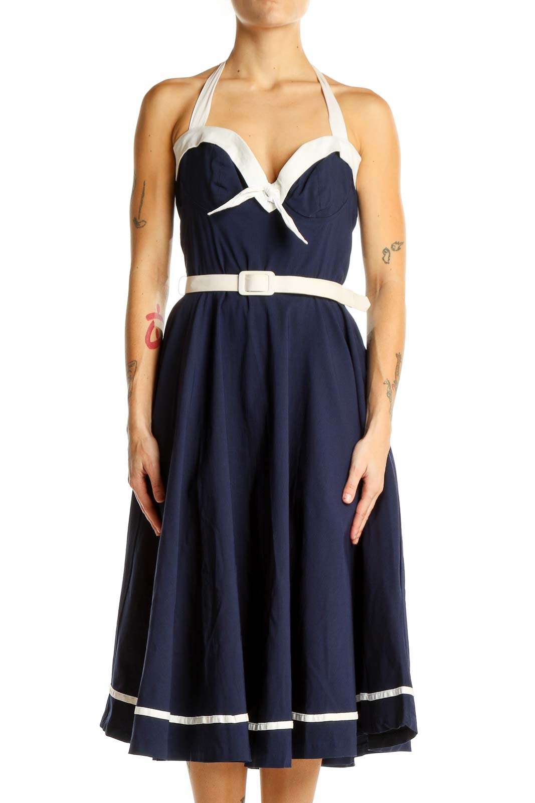 Navy Vintage-Inspired Halter Swing Dress by Pinup Couture