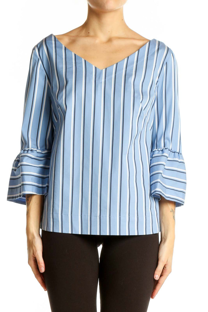 Front view of Blue Striped Bell Sleeve Top from White House Black Market