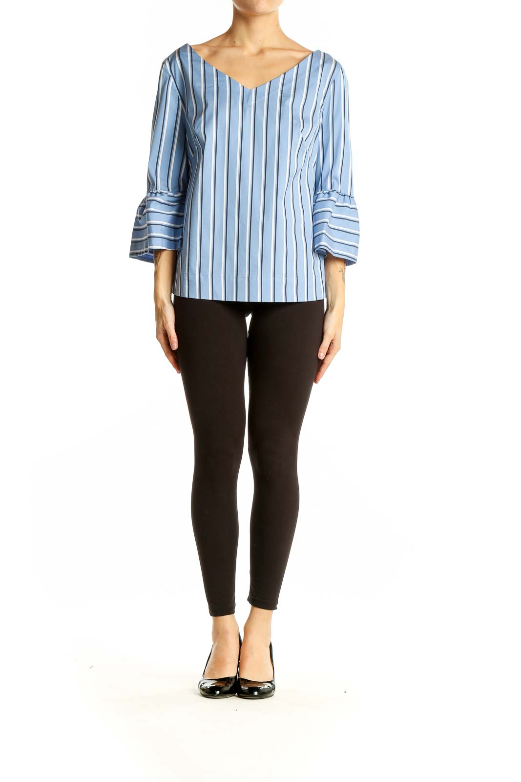 Front view of Blue Striped Bell Sleeve Top from White House Black Market