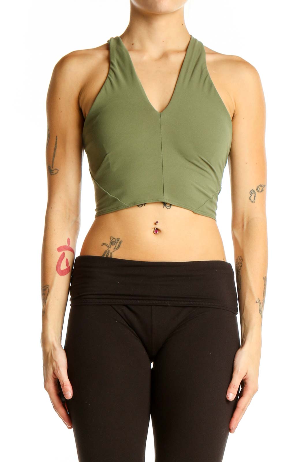 Front view of olive green Lululemon cropped workout top with V-neck