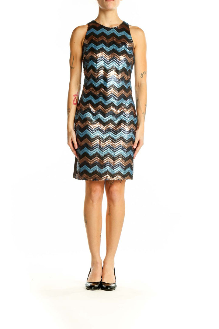 Front view of Tulle blue and brown sequin chevron cocktail dress