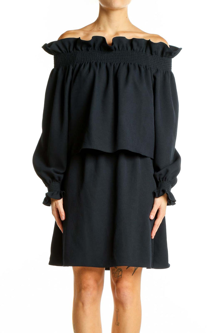 Front view of black off-shoulder ruffled mini dress by Diane von Furstenberg