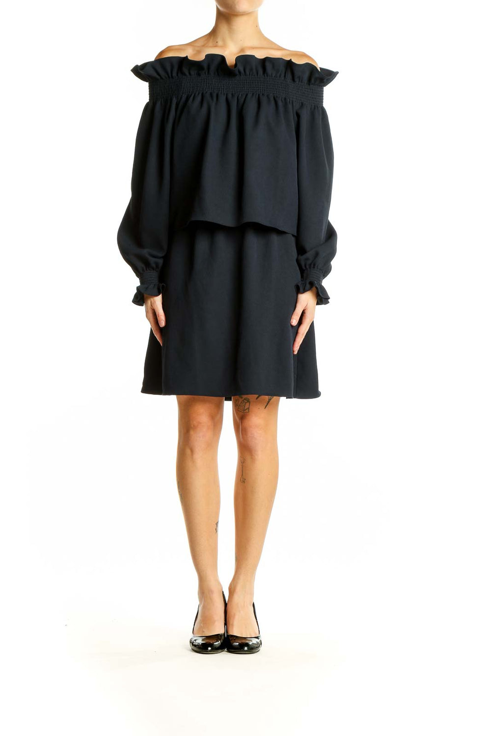 Front view of black off-shoulder ruffled mini dress by Diane von Furstenberg