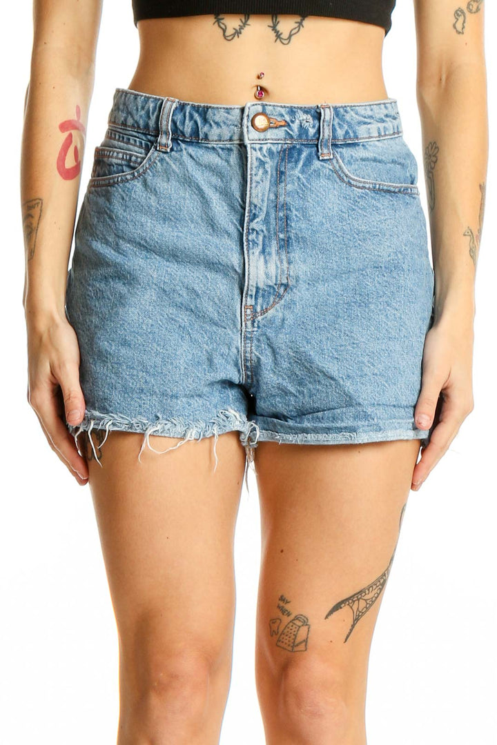 Front view of Zara light blue high-waisted denim shorts with distressed hem