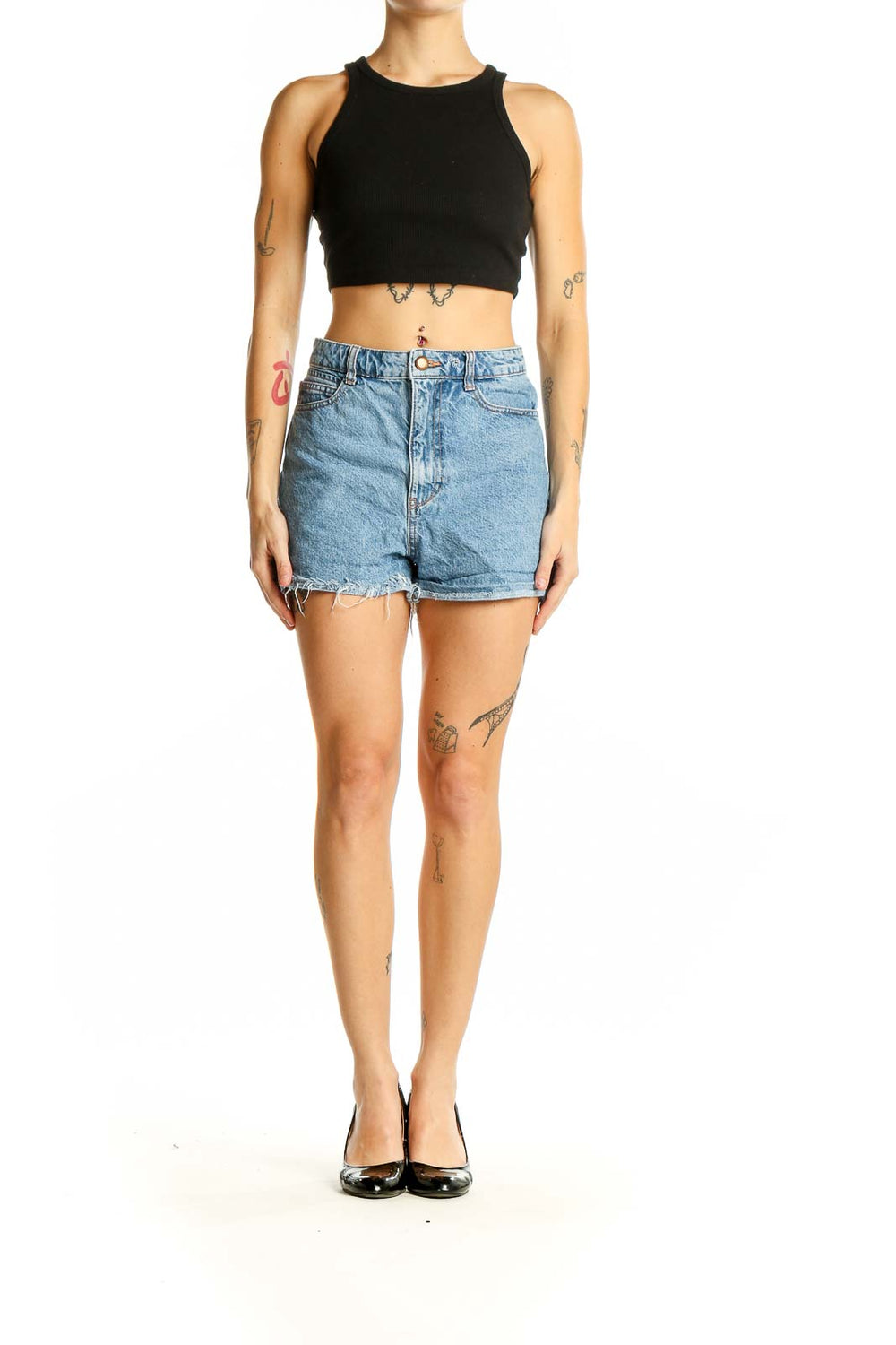 Front view of Zara light blue high-waisted denim shorts with distressed hem