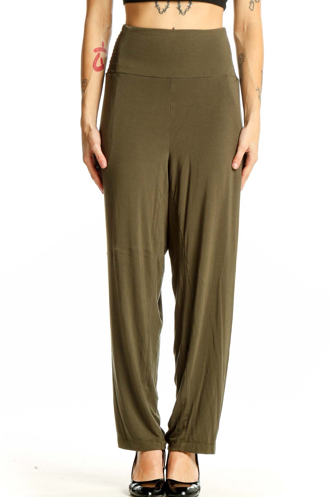 Front view of Torrid olive high-waisted wide-leg pants