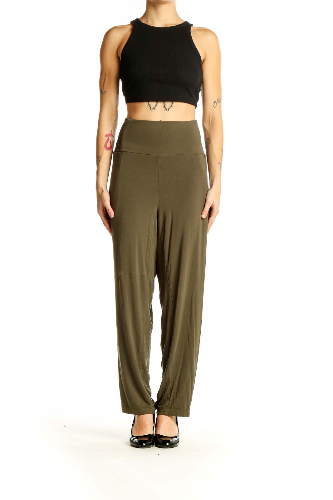 Front view of Torrid olive high-waisted wide-leg pants