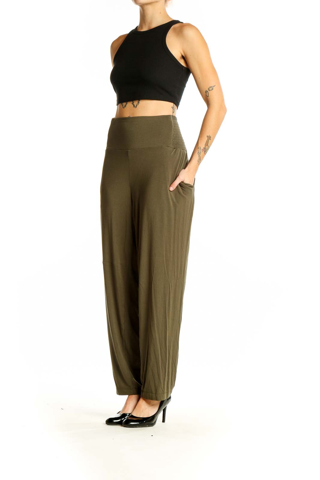 Front view of Torrid olive high-waisted wide-leg pants