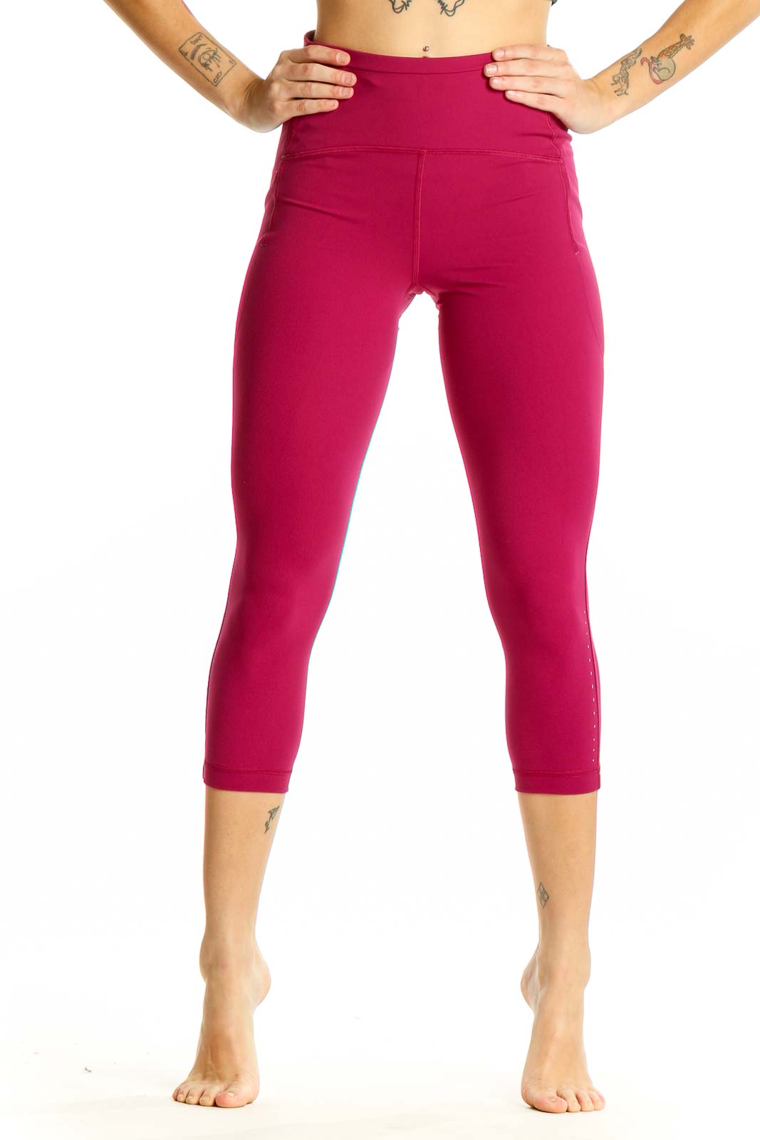 Front view of burgundy Lululemon high-waisted capri leggings