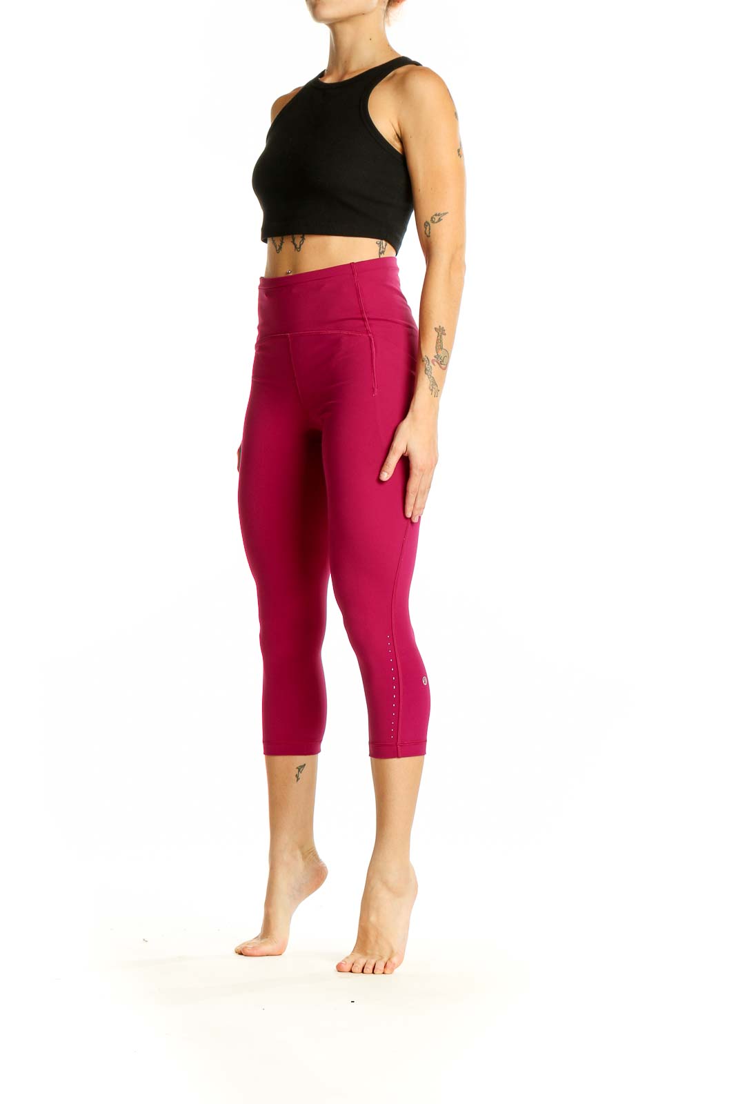 Front view of burgundy Lululemon high-waisted capri leggings