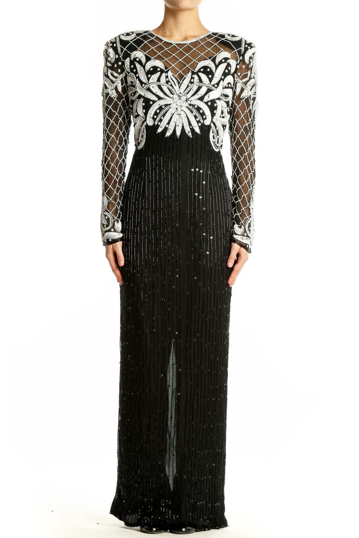 Front view of Lauren Kazan black and white embellished silk gown with intricate beadwork