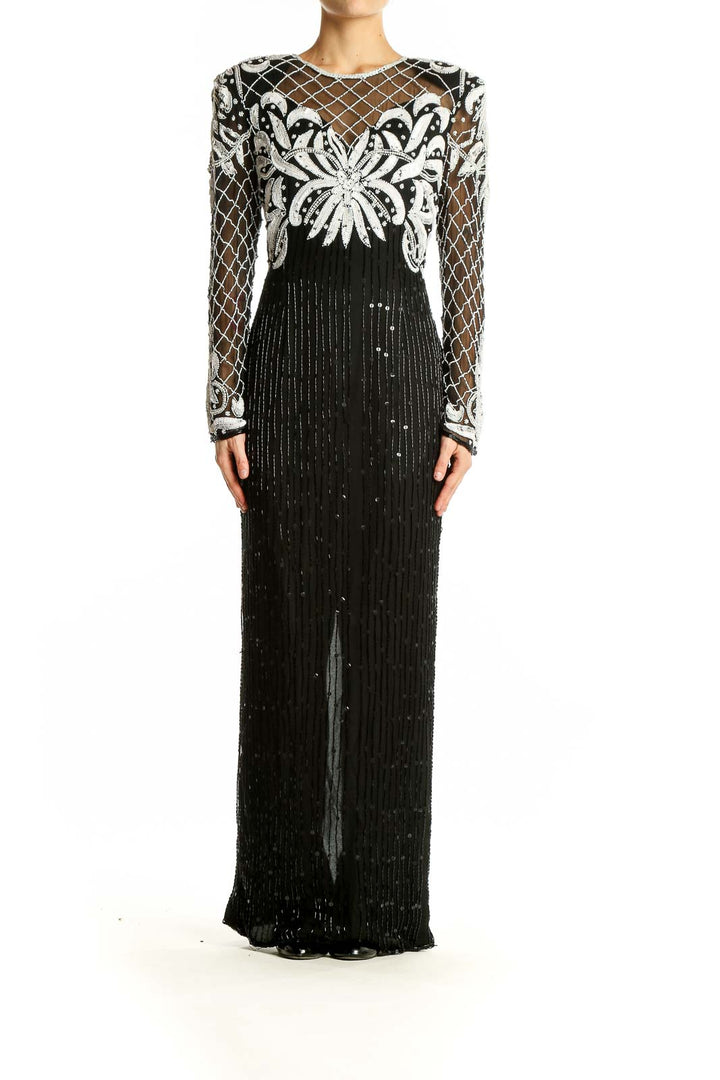 Front view of Lauren Kazan black and white embellished silk gown with intricate beadwork