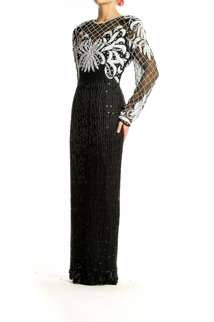 Front view of Lauren Kazan black and white embellished silk gown with intricate beadwork