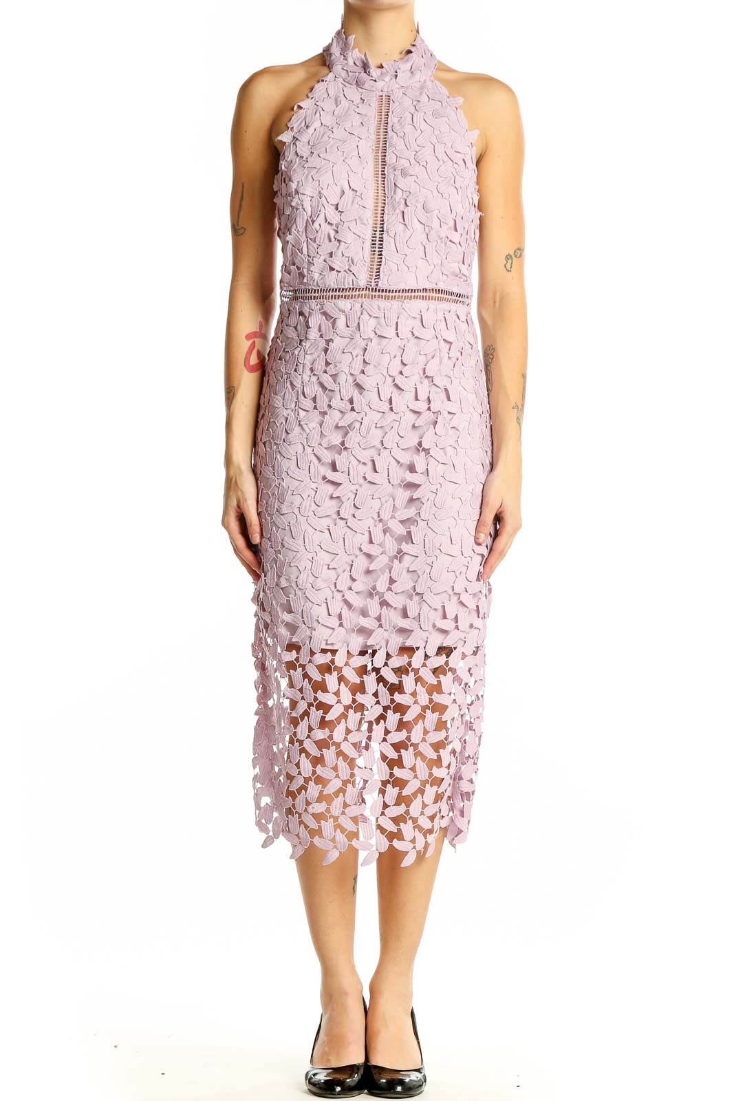 Front view of pink lace halter midi dress by Bardot