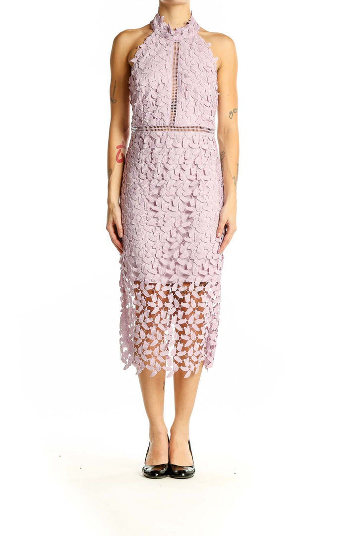 Front view of pink lace halter midi dress by Bardot