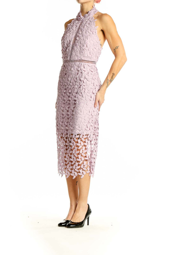 Front view of pink lace halter midi dress by Bardot