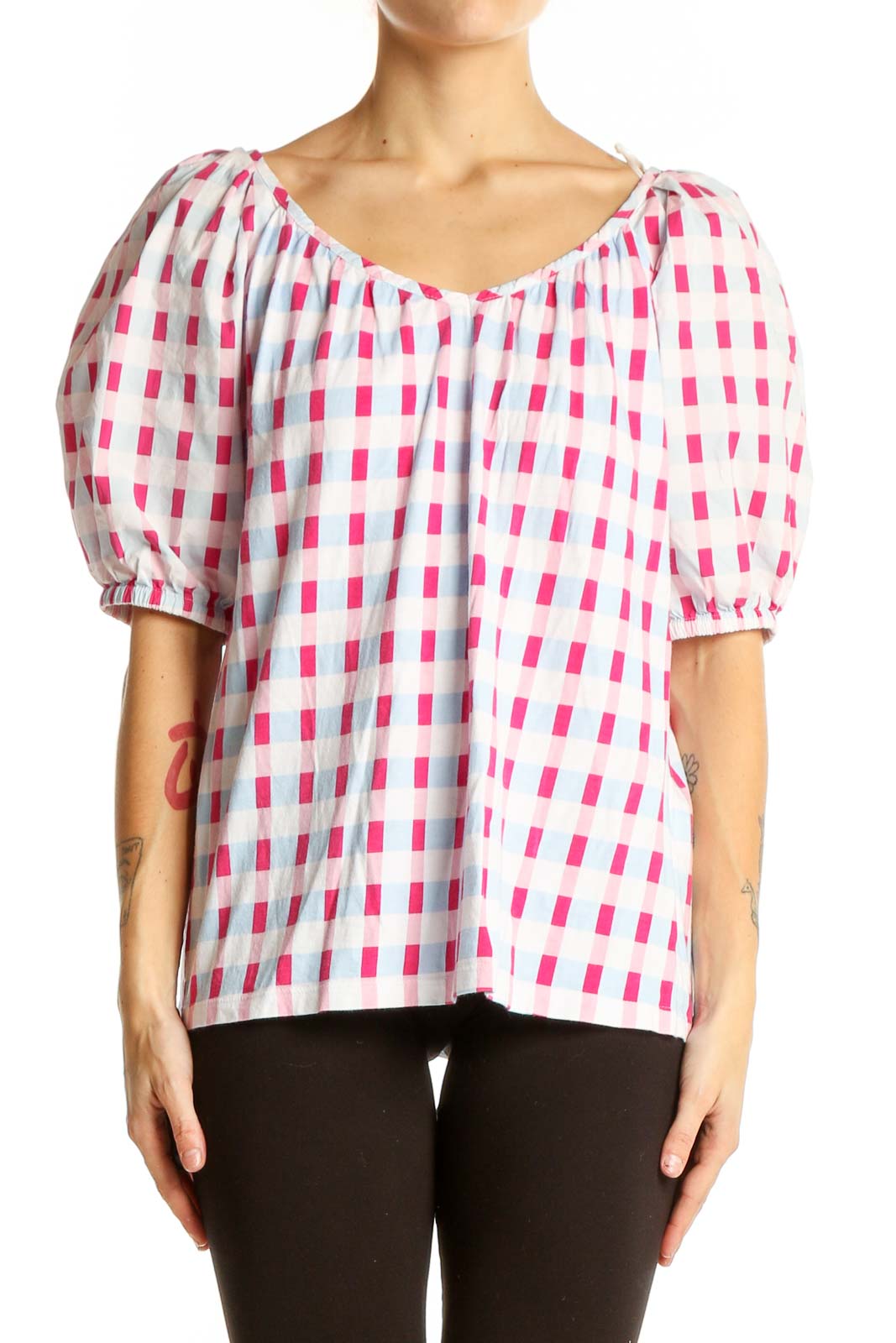 Front view of Charter Club pink and white checkered puff sleeve top