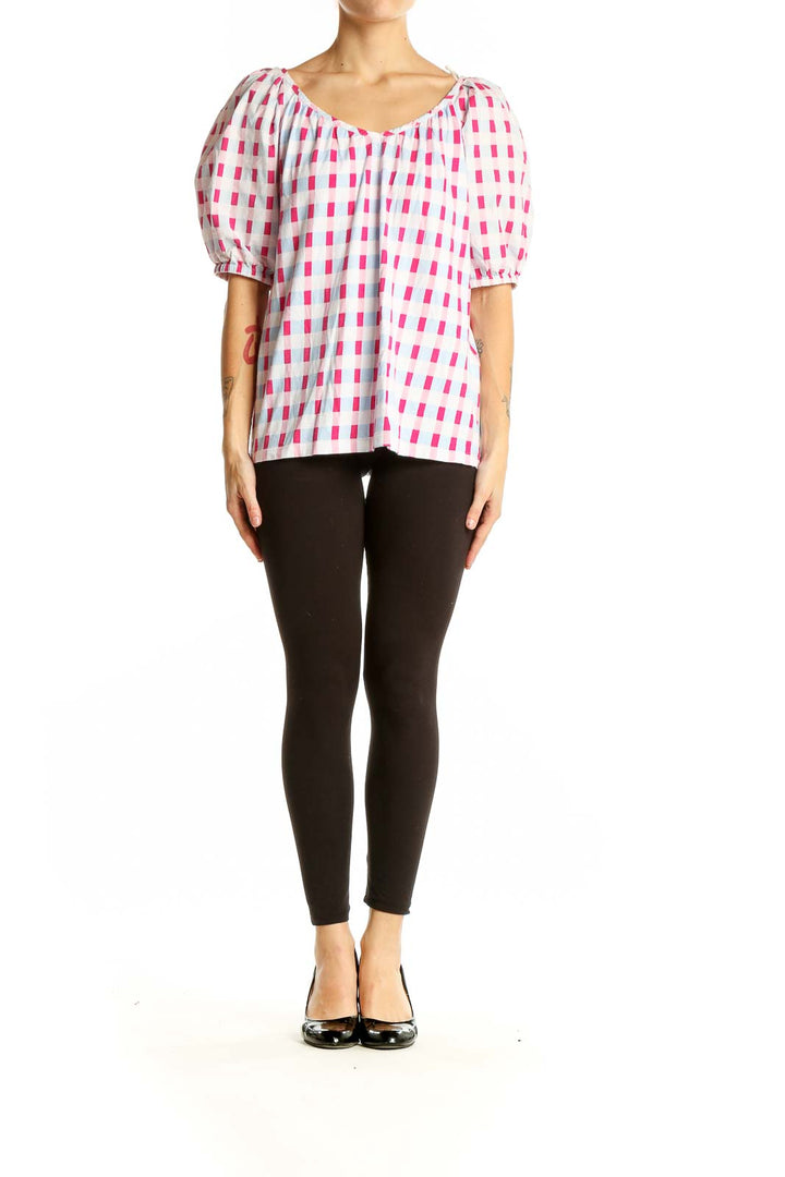 Front view of Charter Club pink and white checkered puff sleeve top